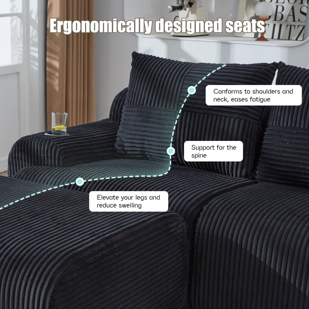 Black Corduroy 3-Seater Modular Sofa with Ottoman — detail 3