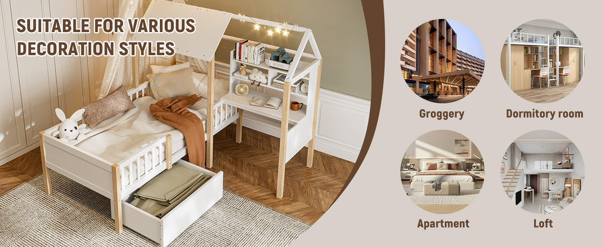 White Wooden House Bed with Desk and Storage – 90 × 190 cm — detail 14
