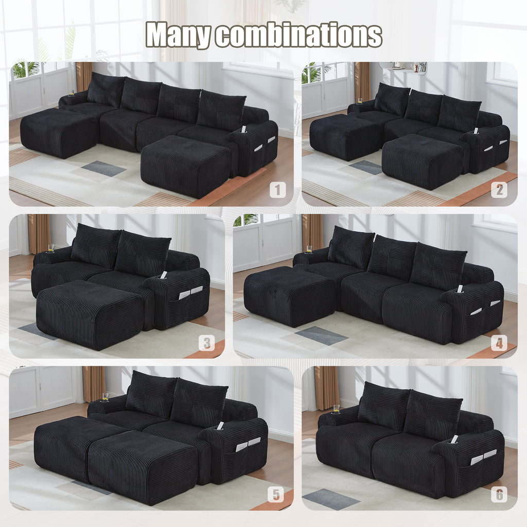 Black Corduroy 3-Seater Modular Sofa with Ottoman — detail 5