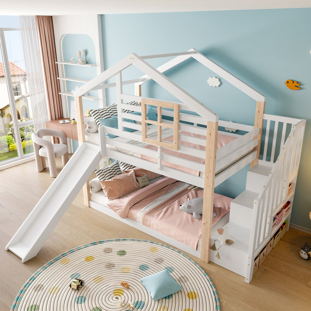 White Wooden Bunk Bed with Slide and Storage Stairs — detail 8