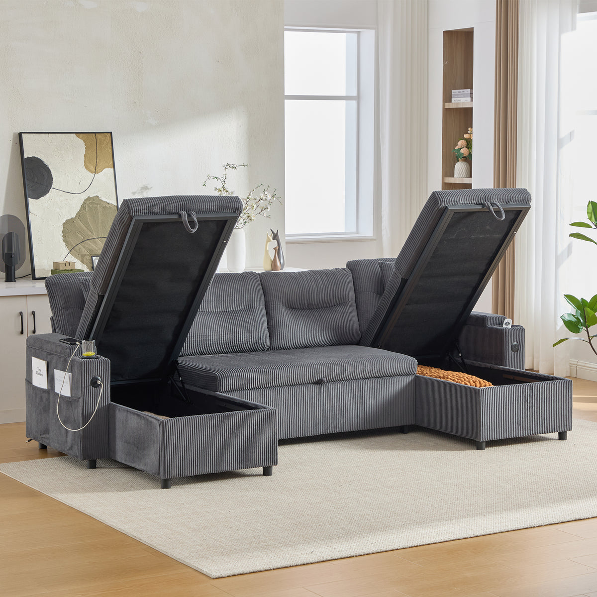 Charcoal grey Oversized Chenille Chaise Lounge with Pillows — detail 12