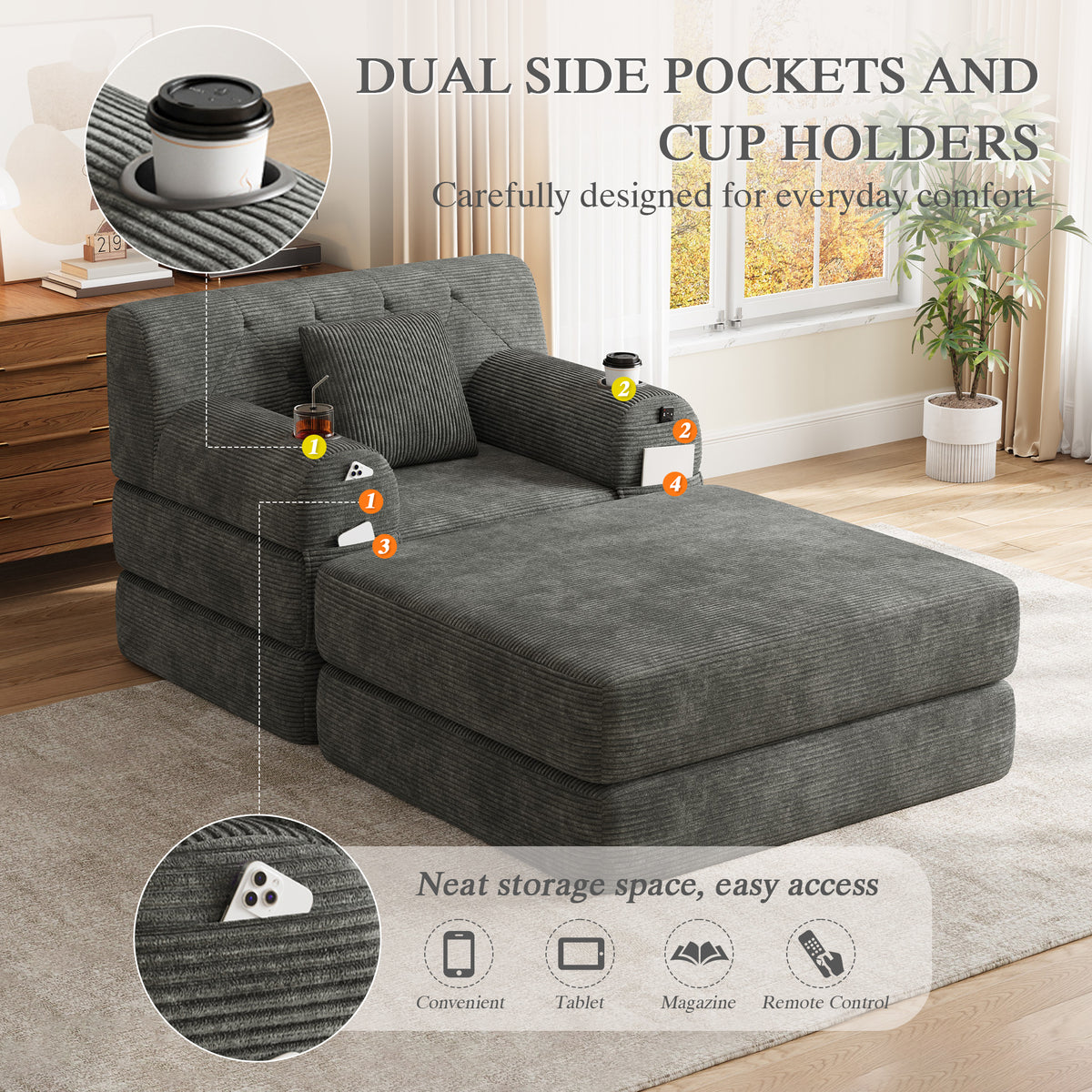 Dark Grey Corduroy Sleeper Chair with Ottoman — detail 8