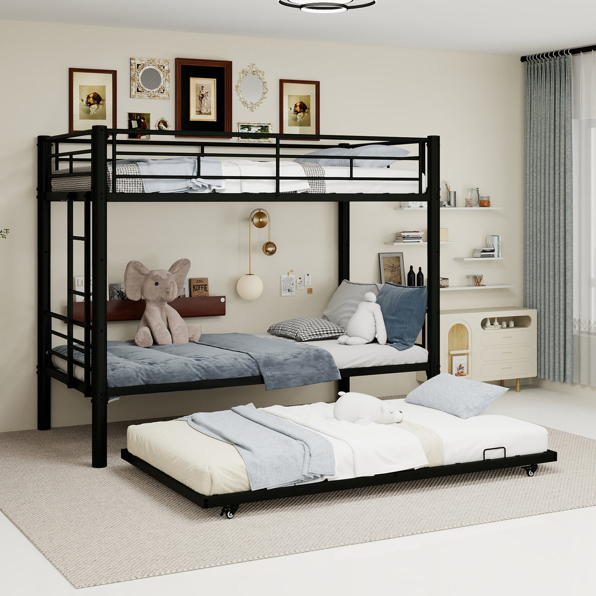 Black Metal Bunk Bed with Pull-Out Trundle – 90 × 190 cm — product view
