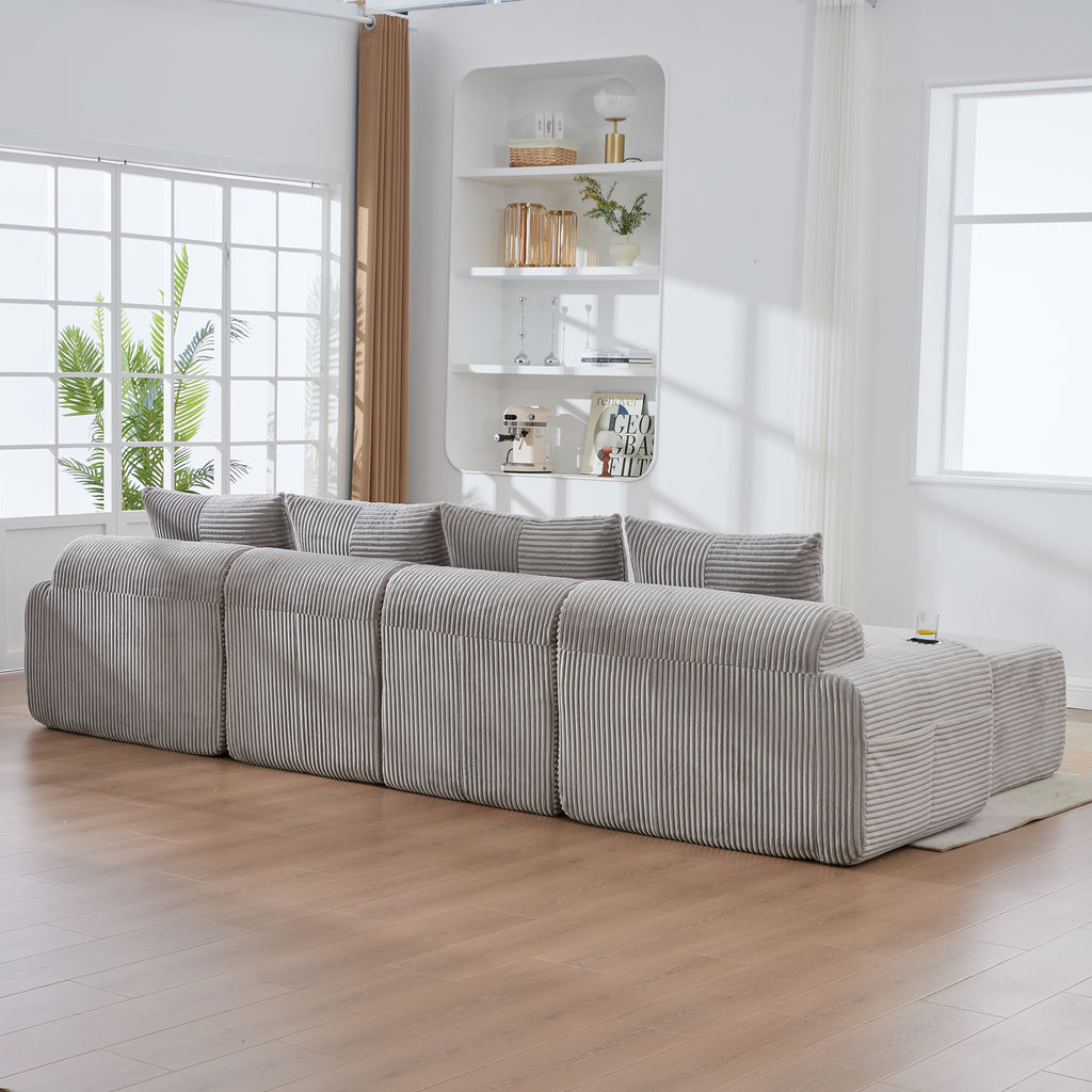 Light Grey Corduroy 4-Seater Modular Sofa with Two Ottomans — detail 13