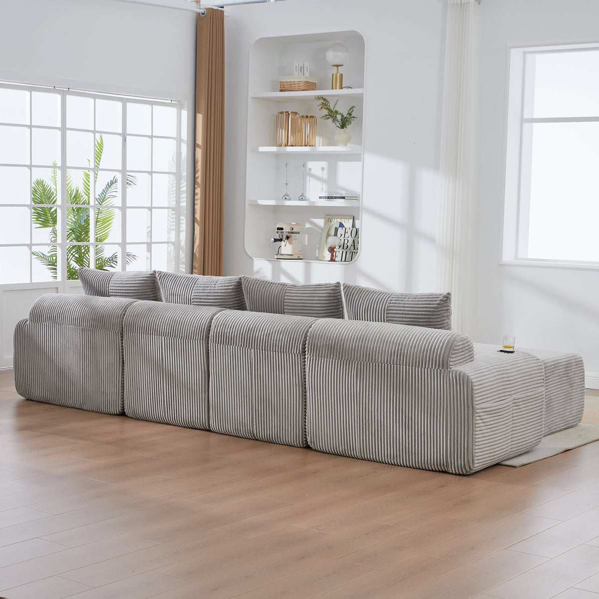 Light Grey Corduroy 4-Seater Modular Sofa with Two Ottomans — detail 13