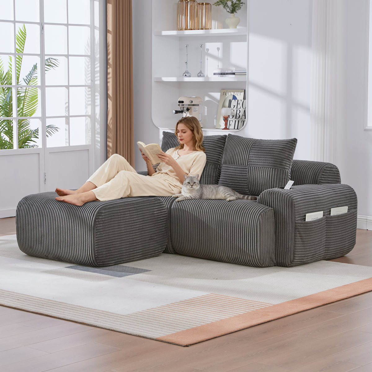 Dark Grey Corduroy 2-Seater Modular Sofa with Ottoman — product view