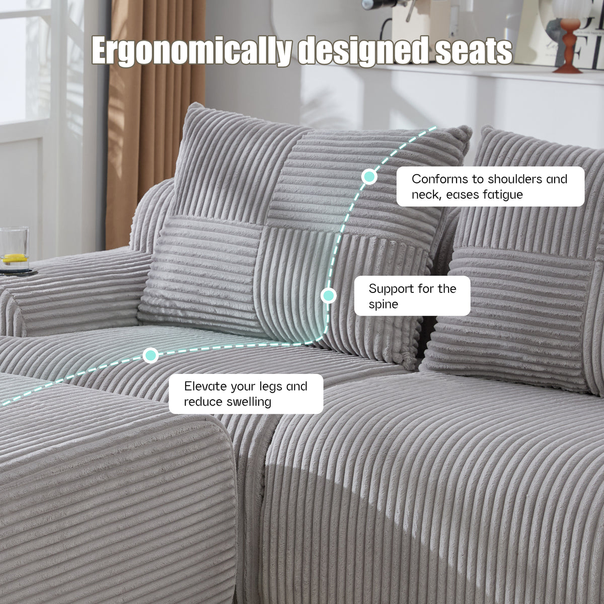 Light Grey Corduroy 2-Seater Modular Sofa with Ottoman — detail 3