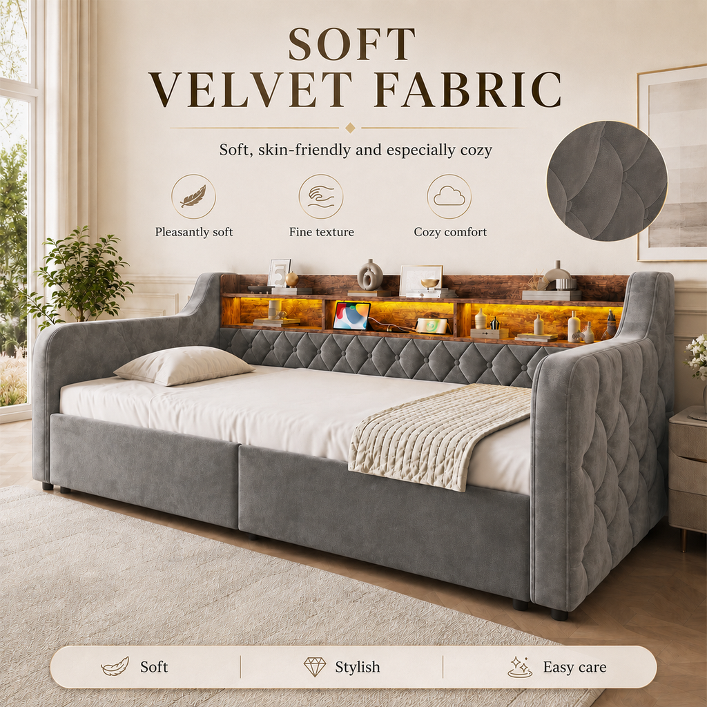 Dark Grey Velvet Storage Bed Frame – 90 × 190 cm — detail 8
