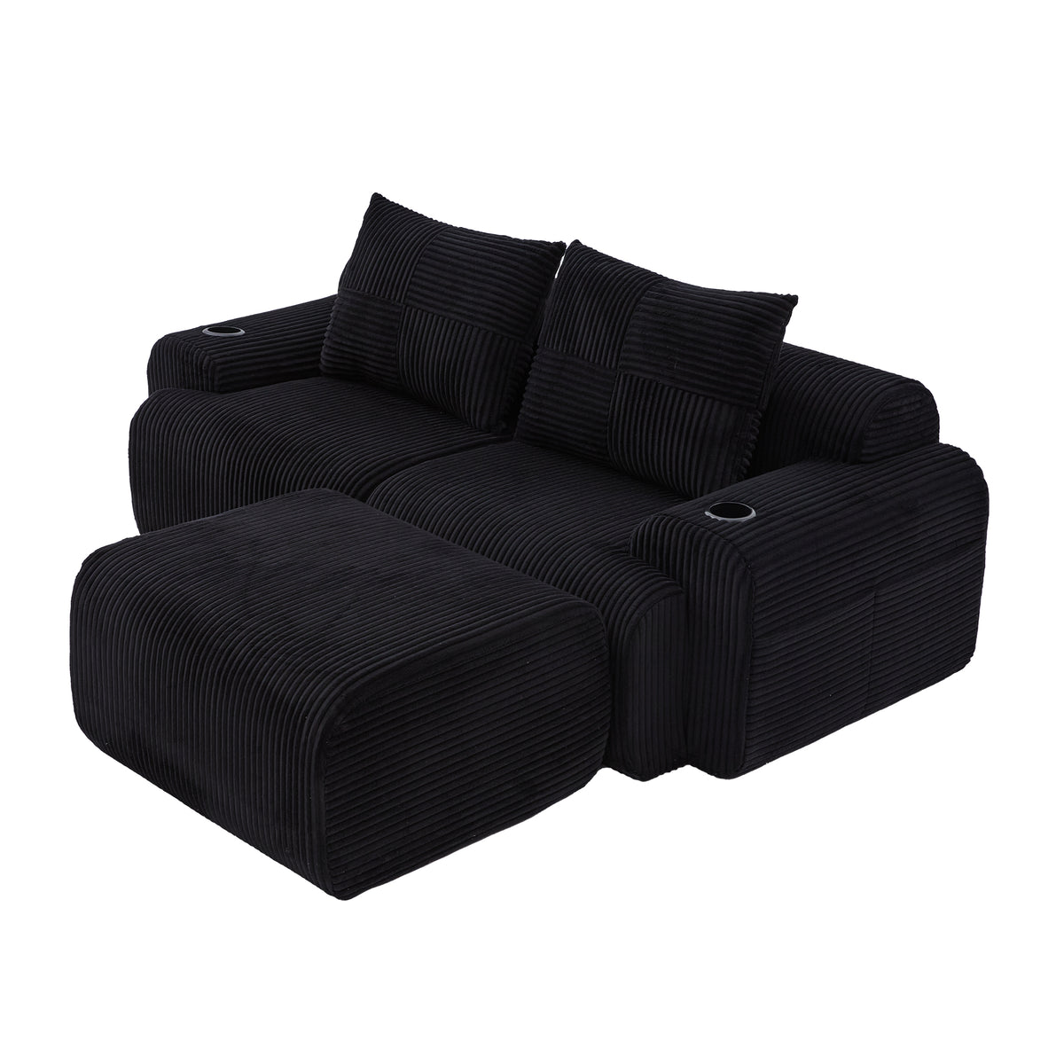 Black Corduroy 2-Seater Modular Sofa with Ottoman — detail 19