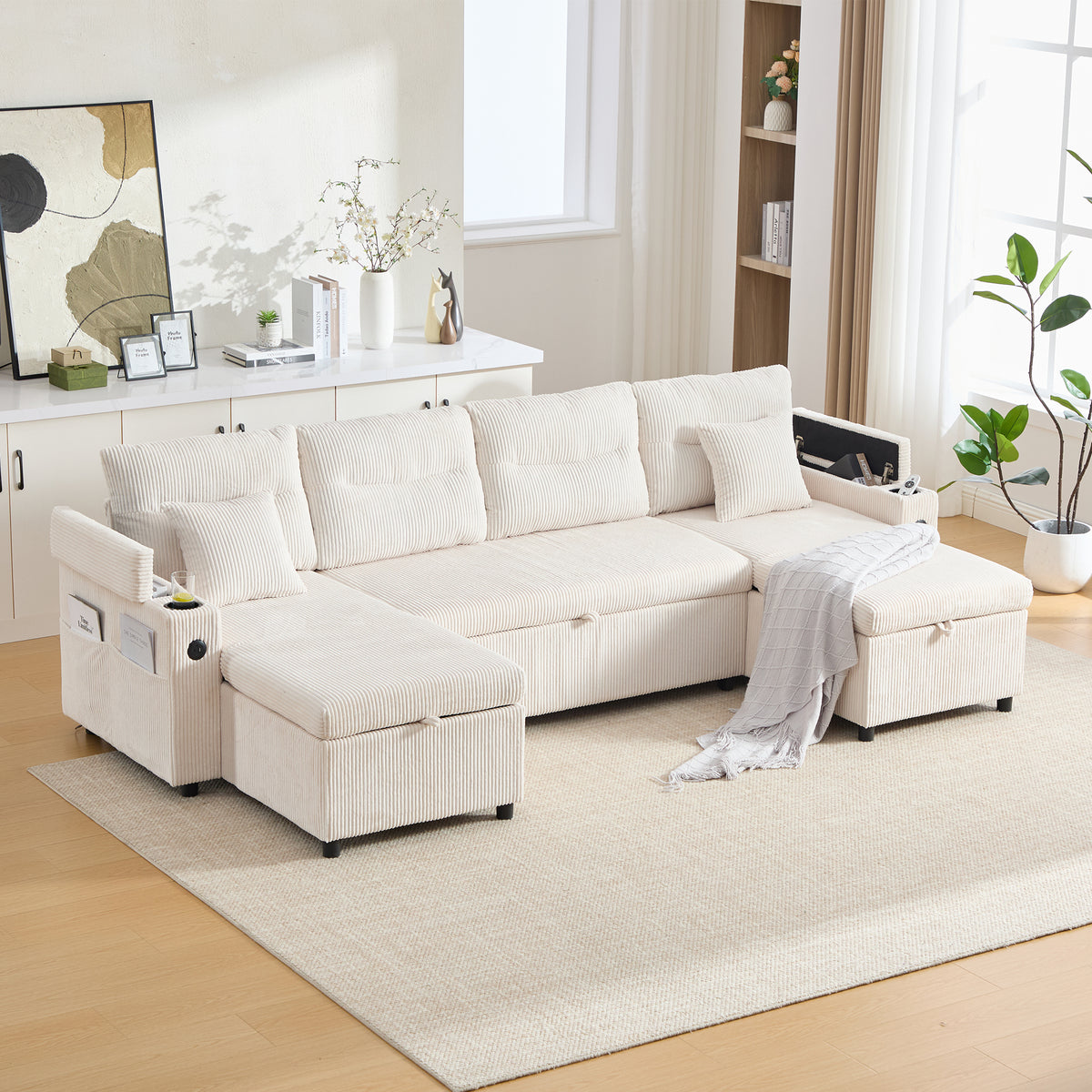 Beige Oversized Chenille Chaise Lounge with Pillows — detail 4