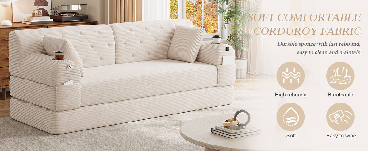 Beige Corduroy 3-Seater Sofa Bed — detail 16