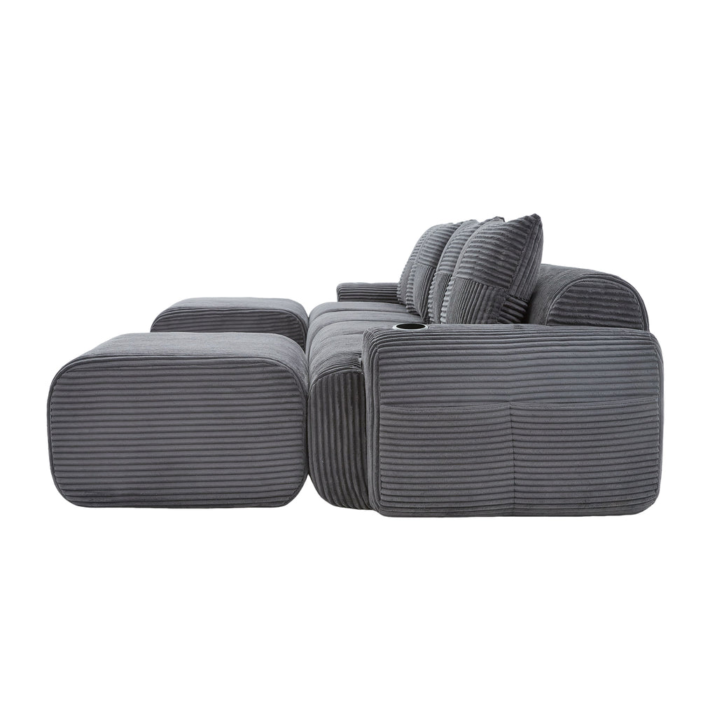 Dark Grey Corduroy 4-Seater Modular Sofa with Two Ottomans — detail 22