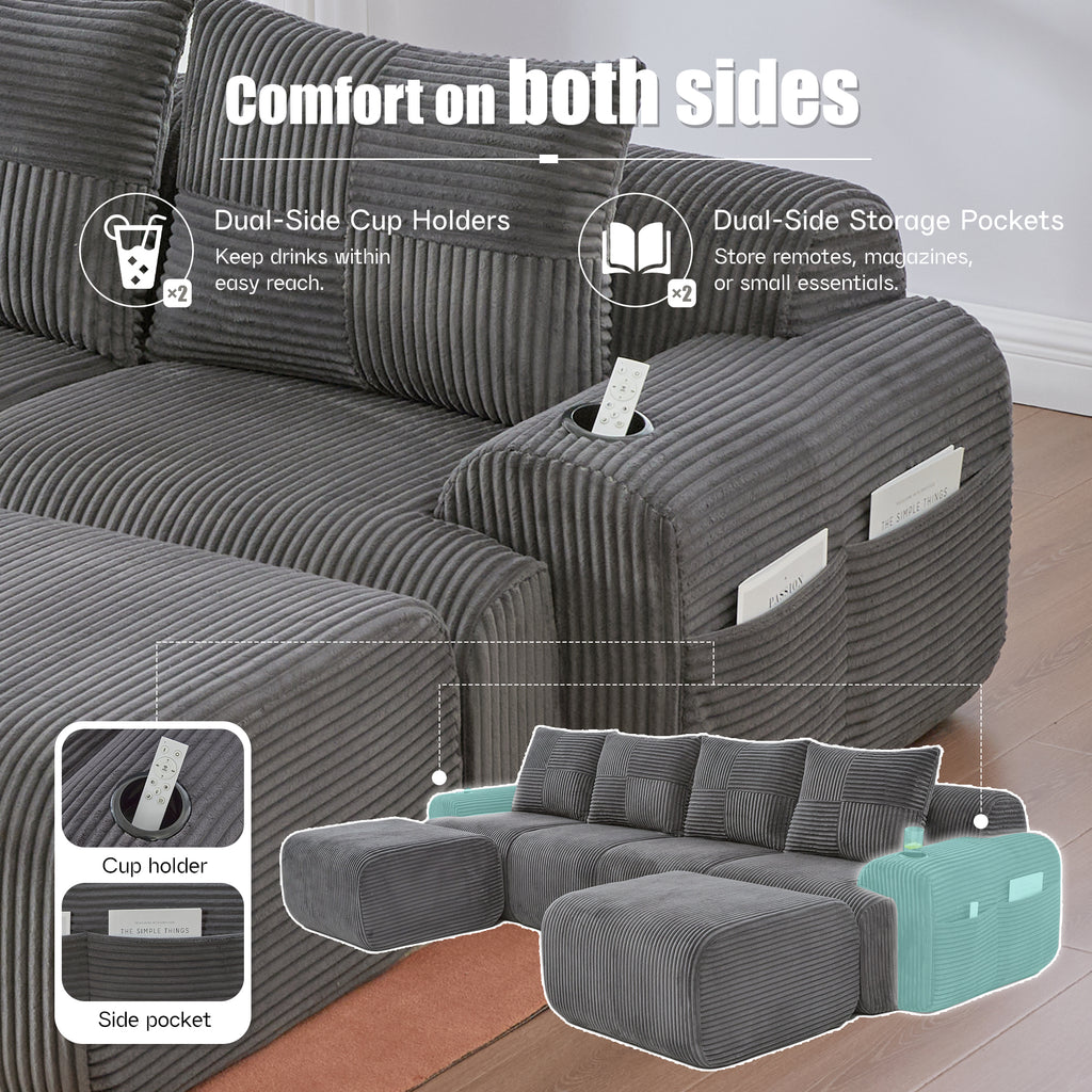Dark Grey Corduroy 4-Seater Modular Sofa with Two Ottomans — detail 7