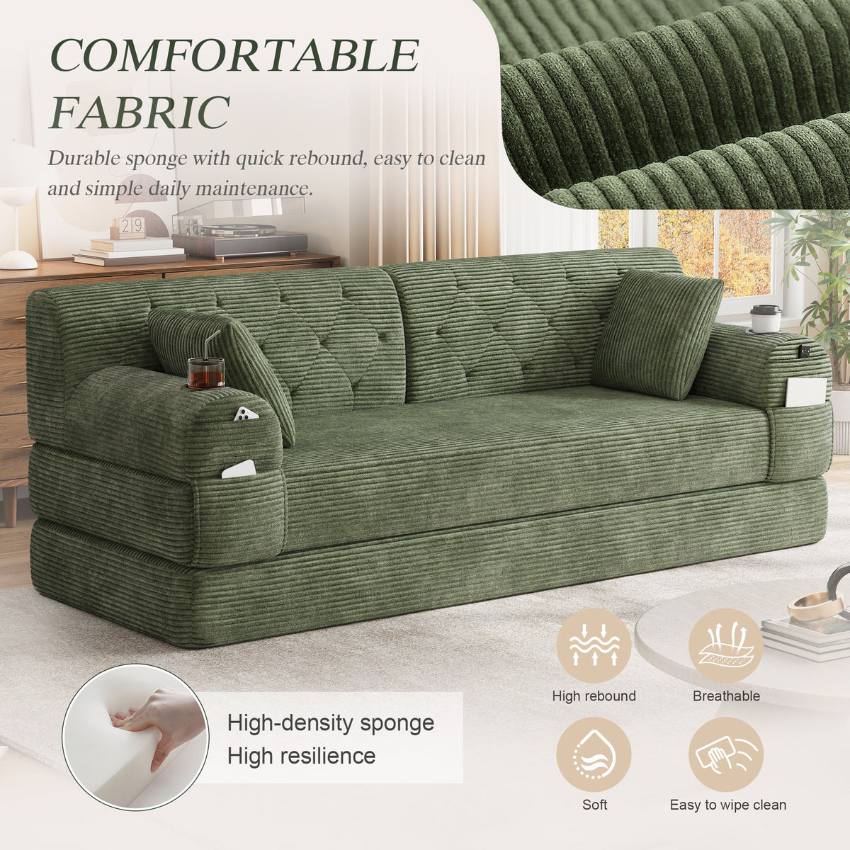 Green Corduroy 3-Seater Sofa Bed — detail 5