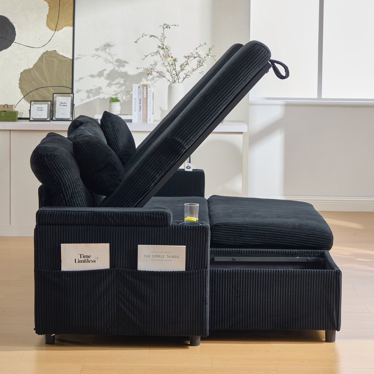 Black Oversized Chenille Chaise Lounge with Pillows — detail 20