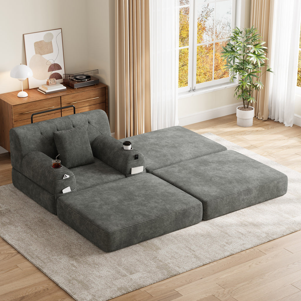 Dark Grey Corduroy Sleeper Chair with Ottoman — product view