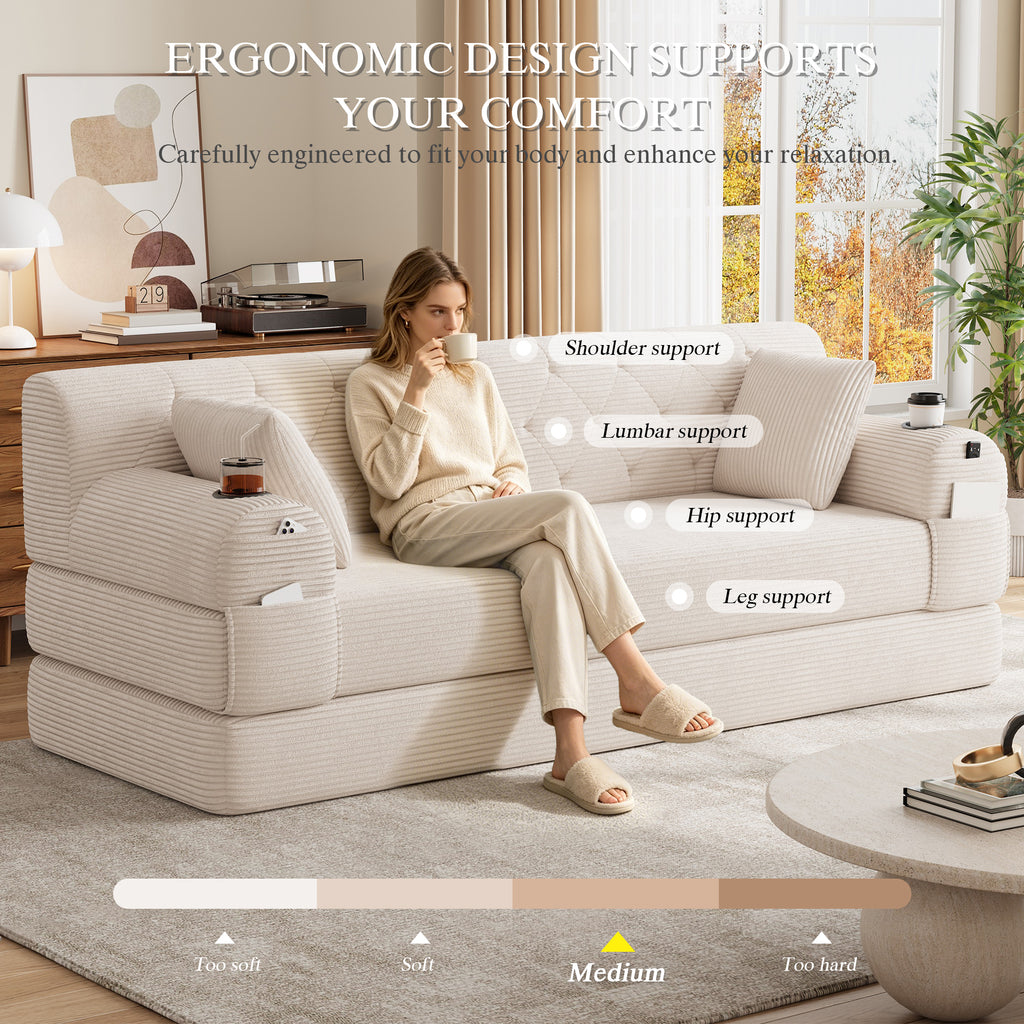 Beige Corduroy 3-Seater Sofa Bed — detail 6
