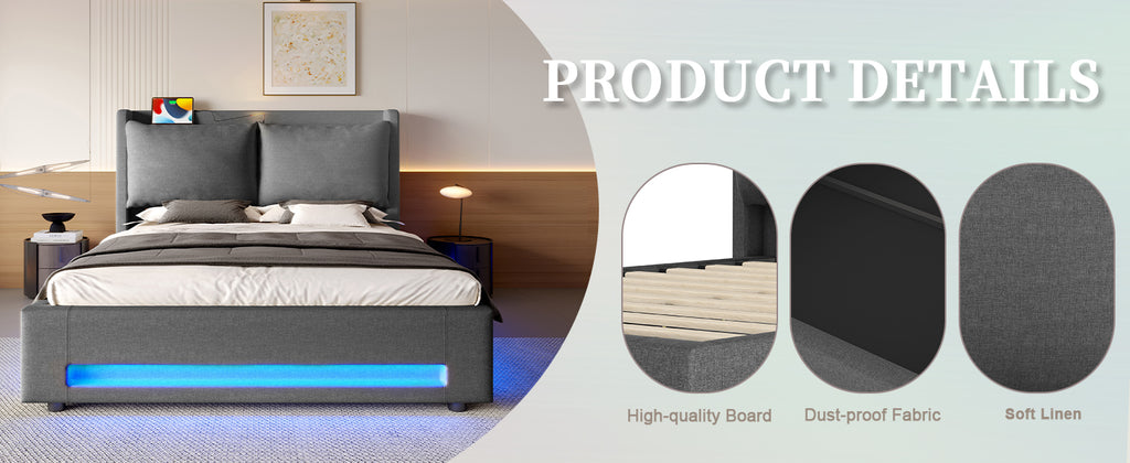Dark Grey Linen Storage Bed Frame – 180 × 200 cm — detail 12