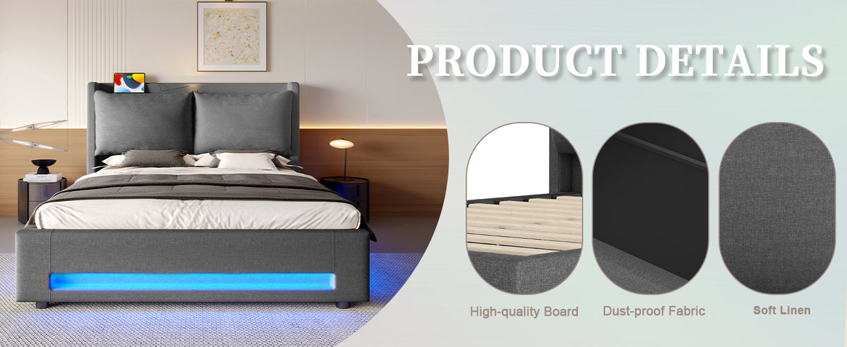 Dark Grey Linen Storage Bed Frame – 180 × 200 cm — detail 12