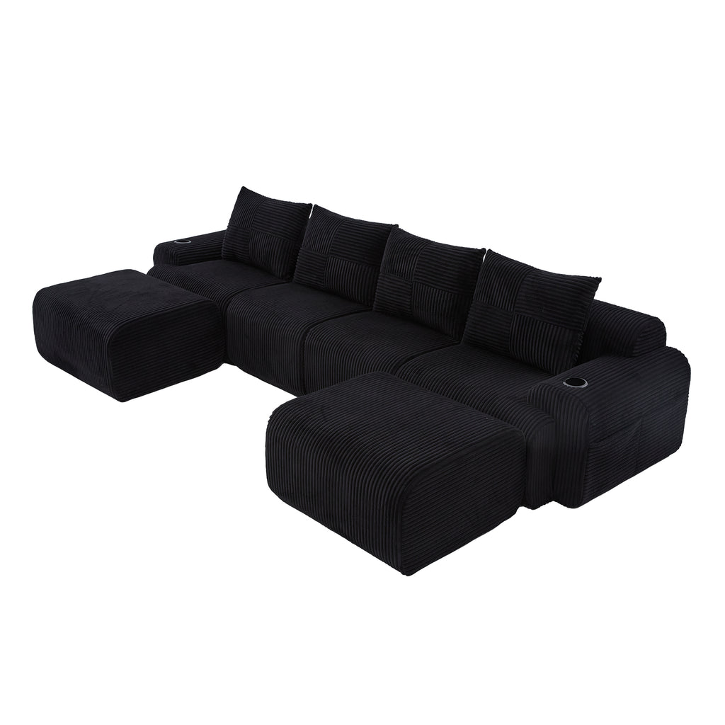 Black Corduroy 4-Seater Modular Sofa with Two Ottomans — detail 21