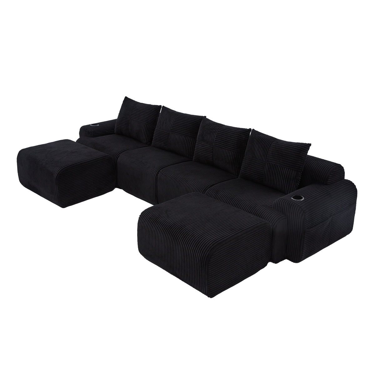 Black Corduroy 4-Seater Modular Sofa with Two Ottomans — detail 21