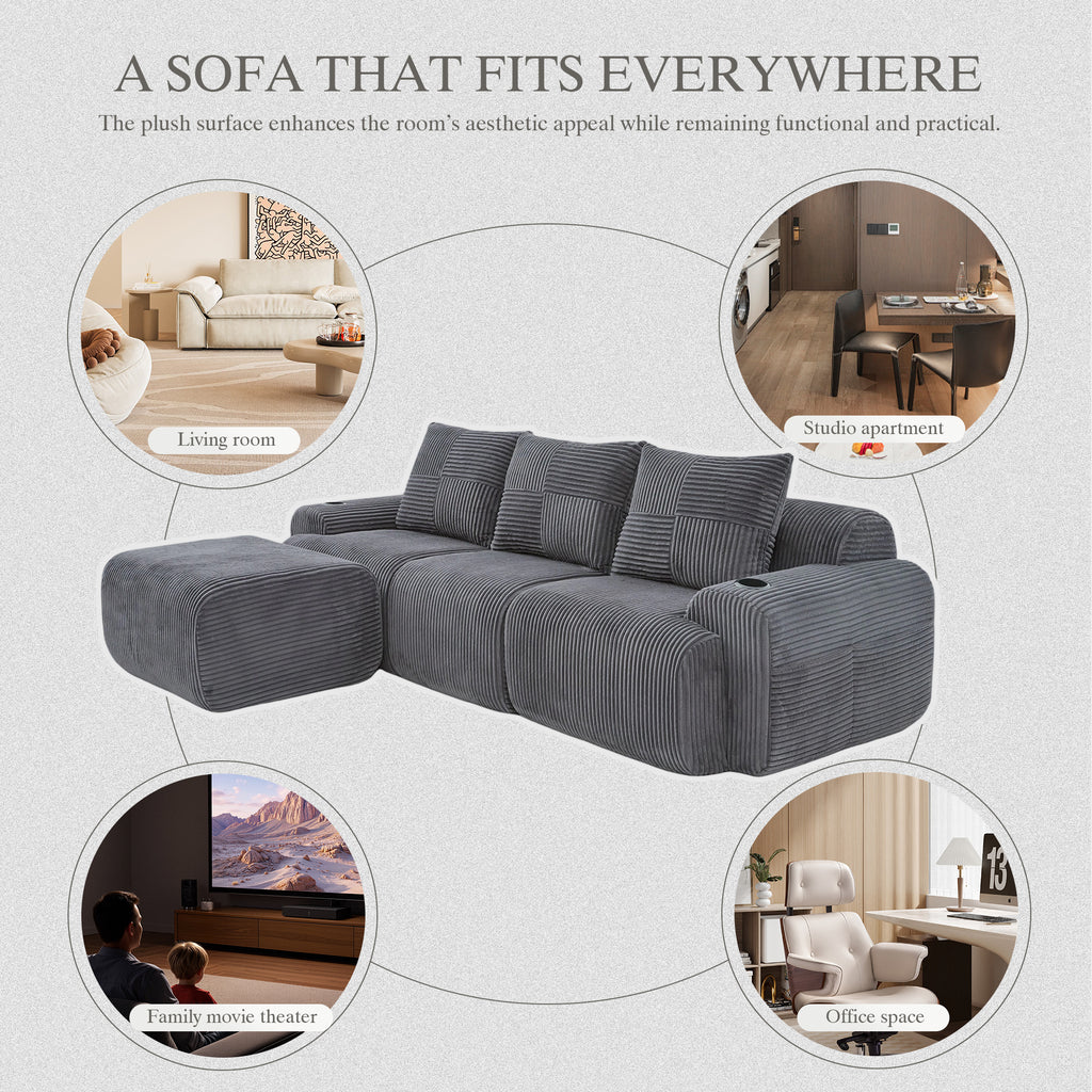 Dark Grey Corduroy 3-Seater Modular Sofa with Ottoman — detail 8