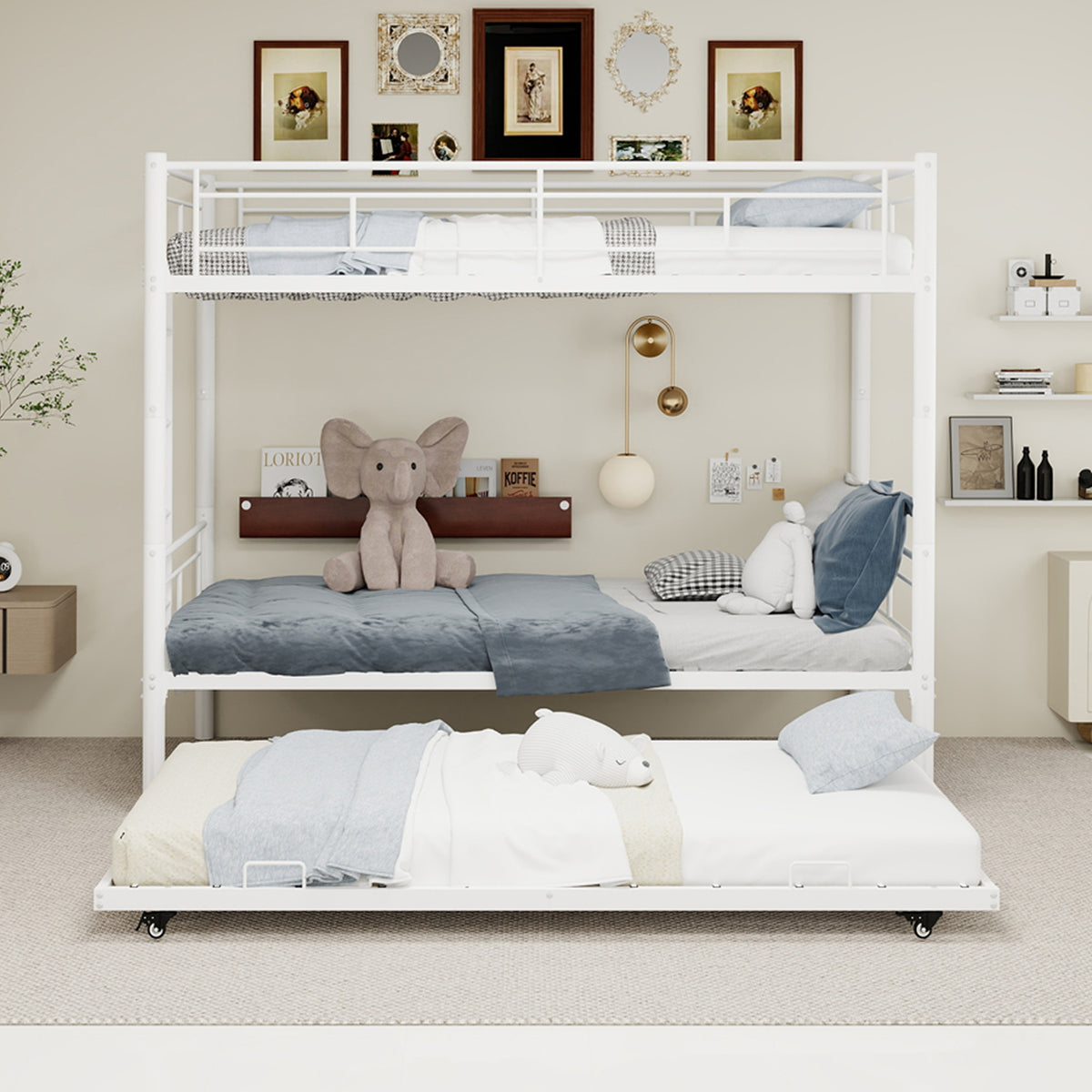 White Metal Bunk Bed with Pull-Out Trundle – 90 × 190 cm — detail 2
