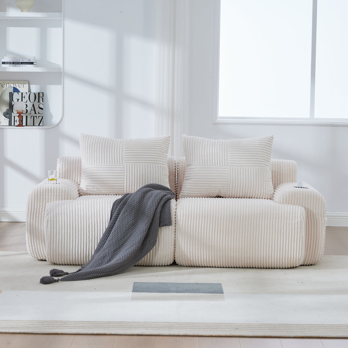 Beige Corduroy 2-Seater Modular Sofa — detail 4