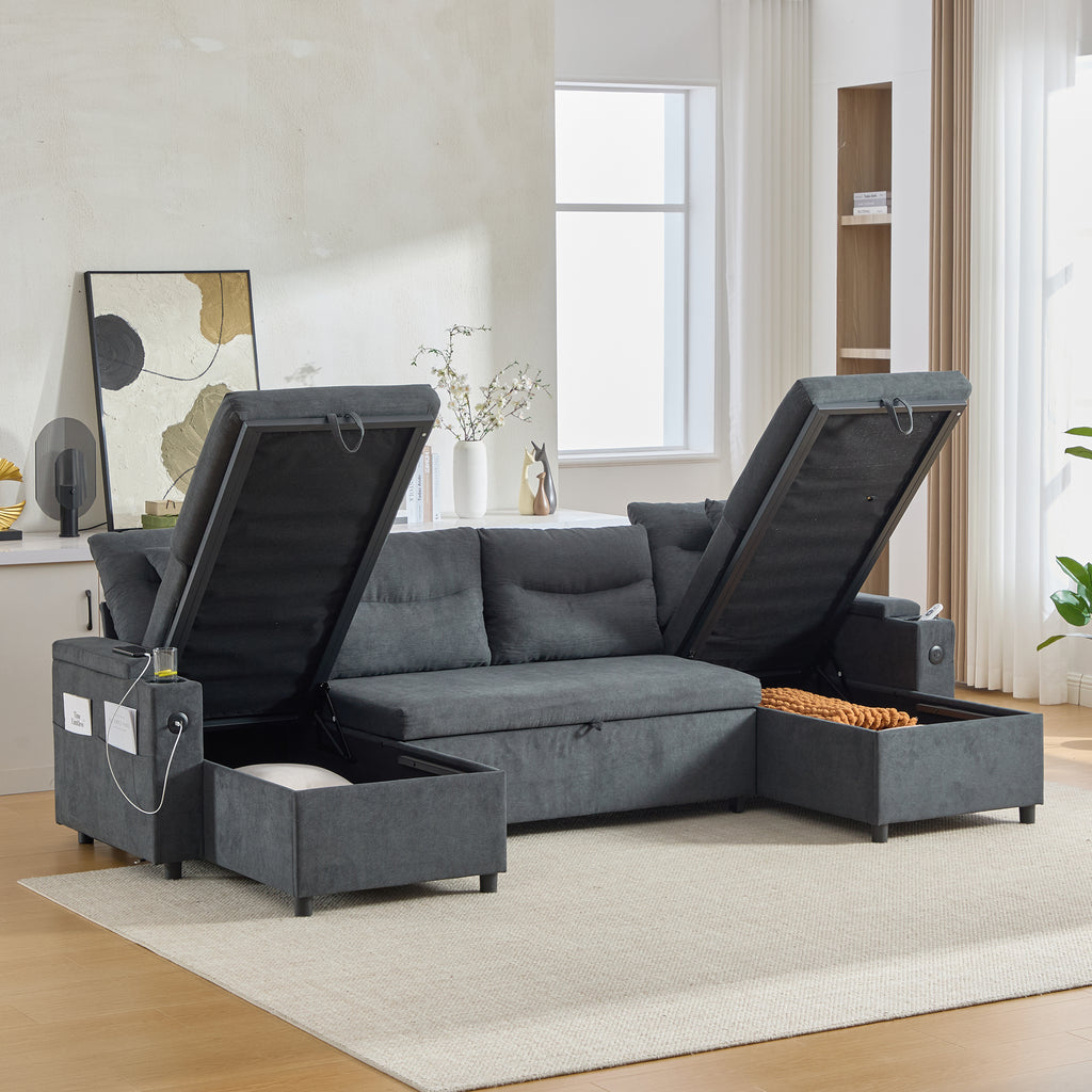 Dark Grey Oversized Chenille Chaise Lounge with Pillows — detail 11