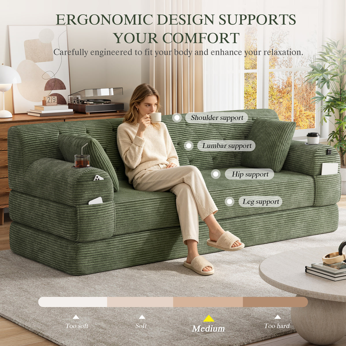 Green Corduroy 3-Seater Sofa Bed — detail 6