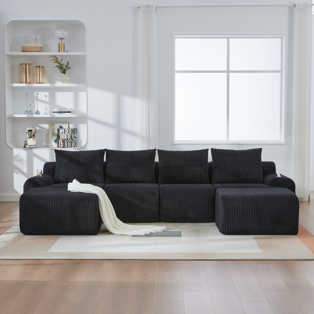 Black Corduroy 4-Seater Modular Sofa with Two Ottomans — detail 4