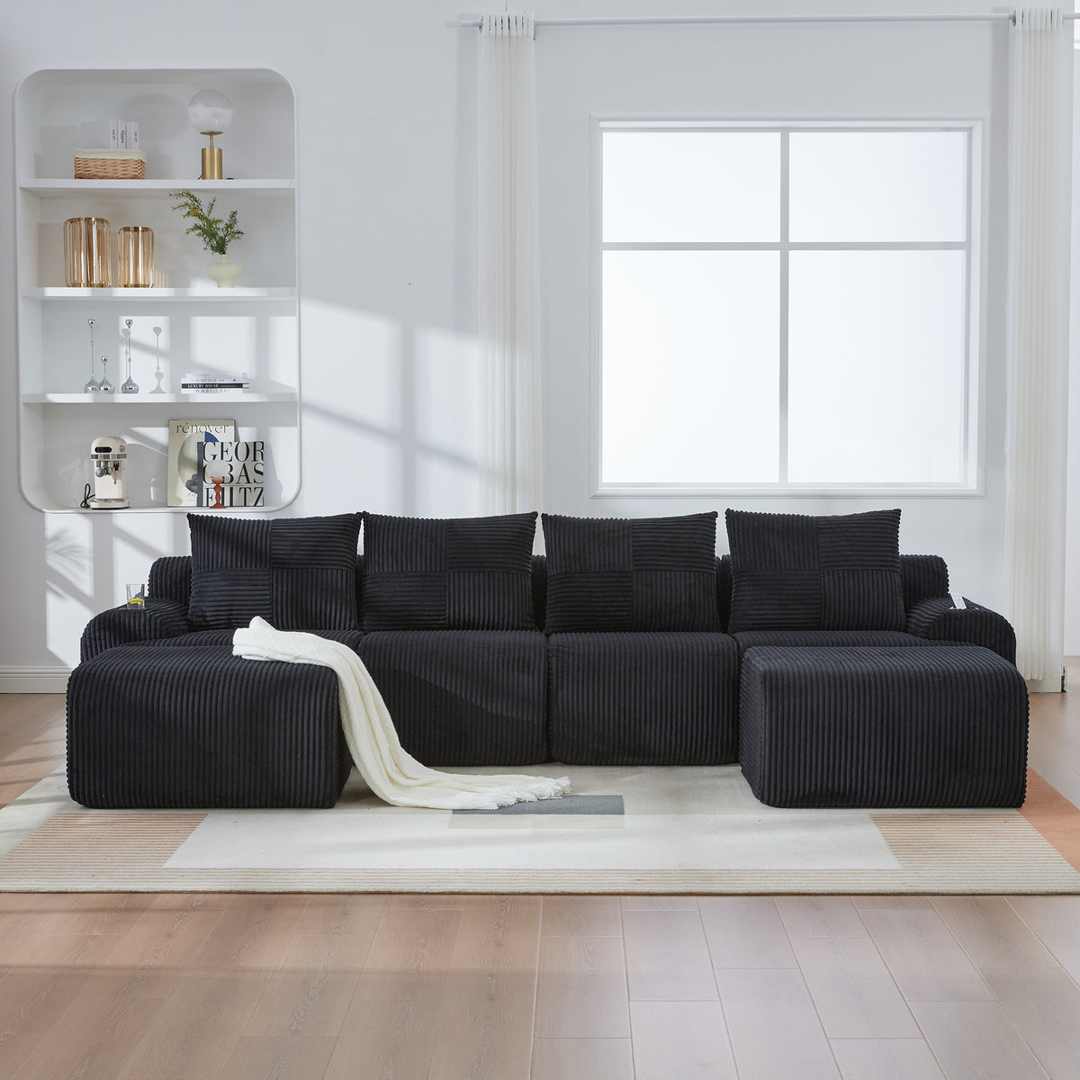 Black Corduroy 4-Seater Modular Sofa with Two Ottomans — detail 4
