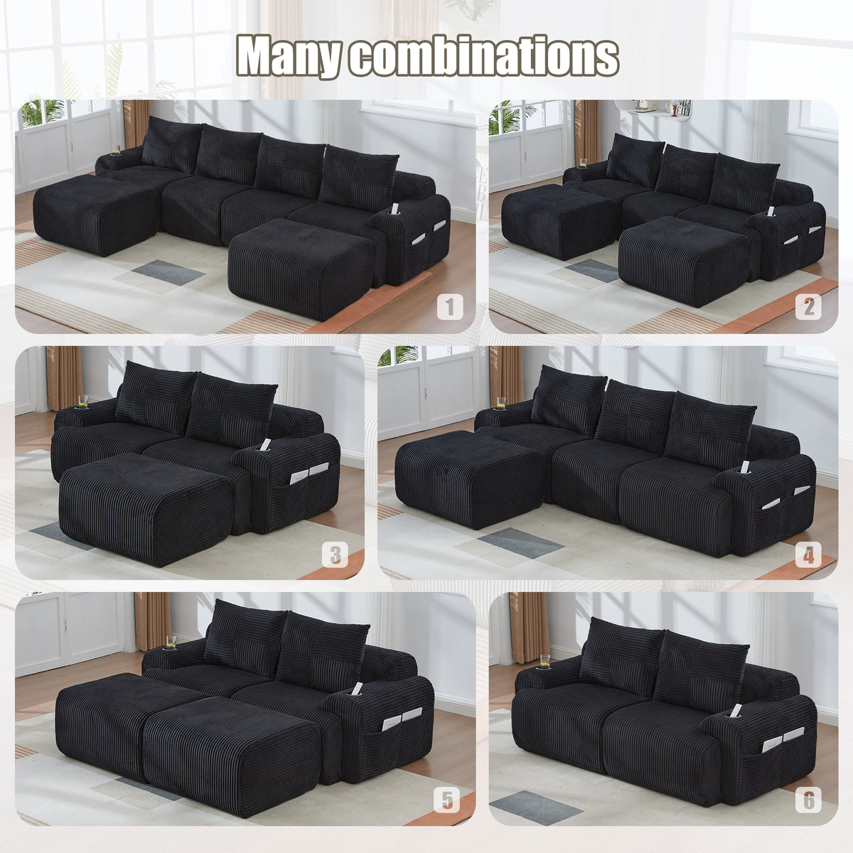 Black Corduroy 2-Seater Modular Sofa — detail 6