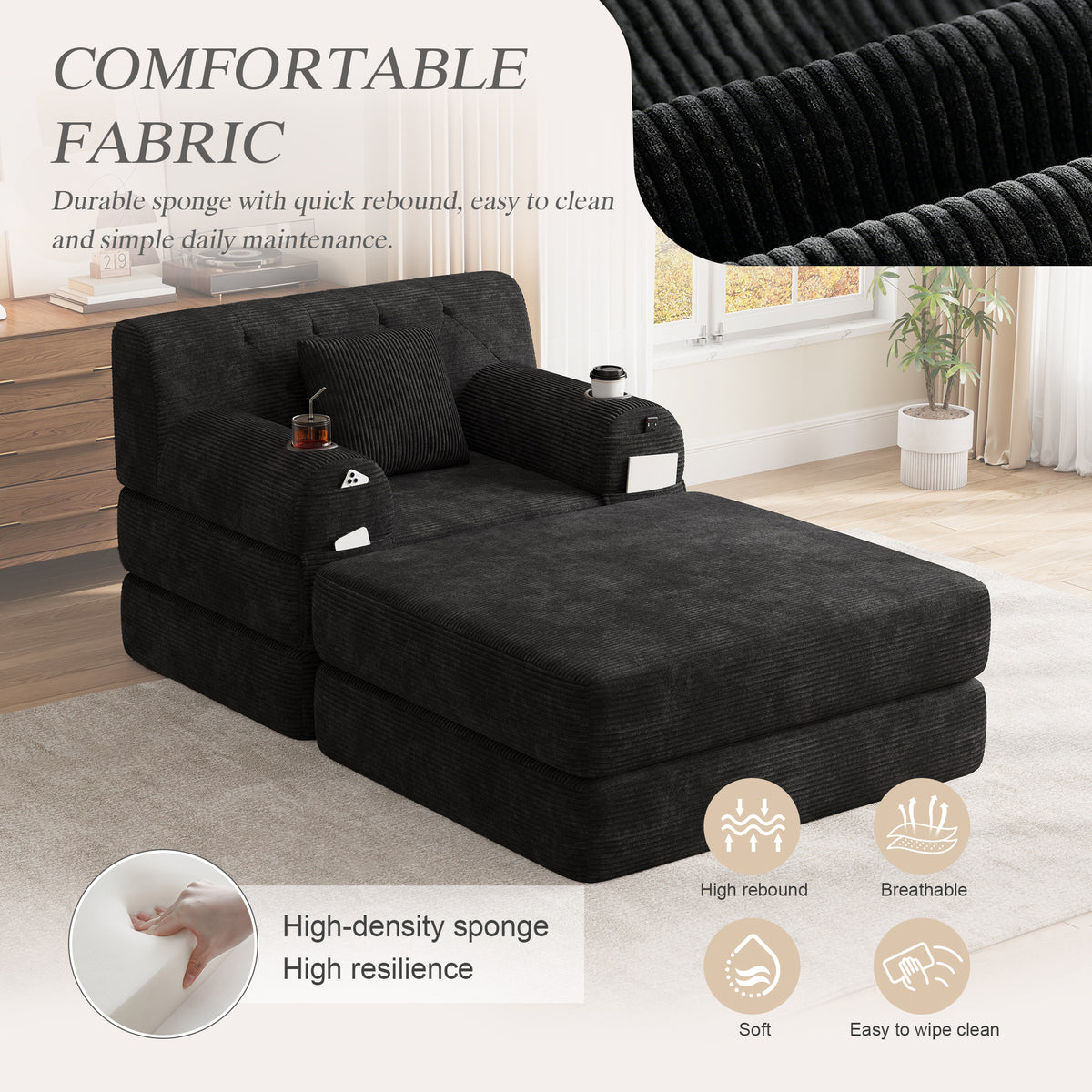 Black Corduroy Sleeper Chair with Ottoman — detail 6