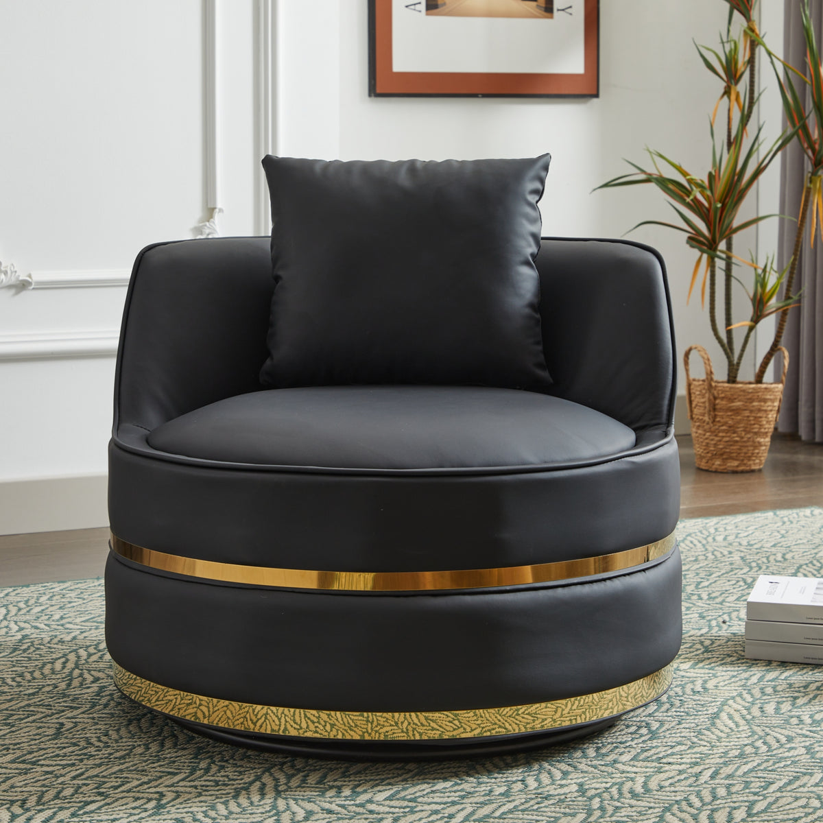 Black Faux Leather 360° Swivel Barrel Chair — detail 5