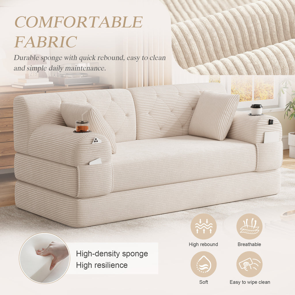 Beige Corduroy 2-Seater Sofa Bed — detail 5