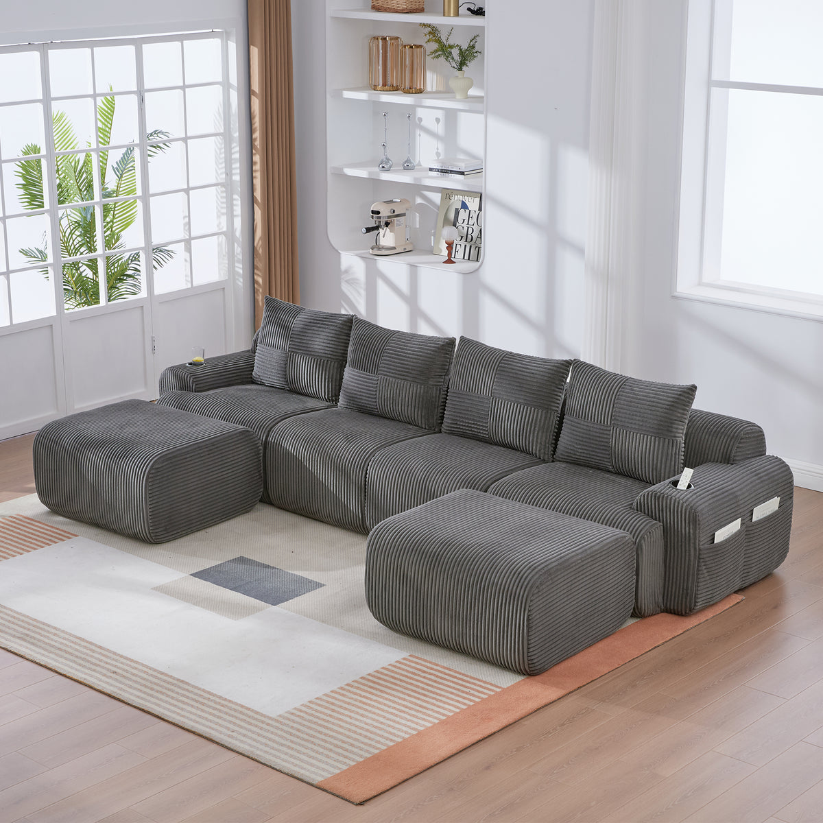 Dark Grey Corduroy 4-Seater Modular Sofa with Two Ottomans — detail 14
