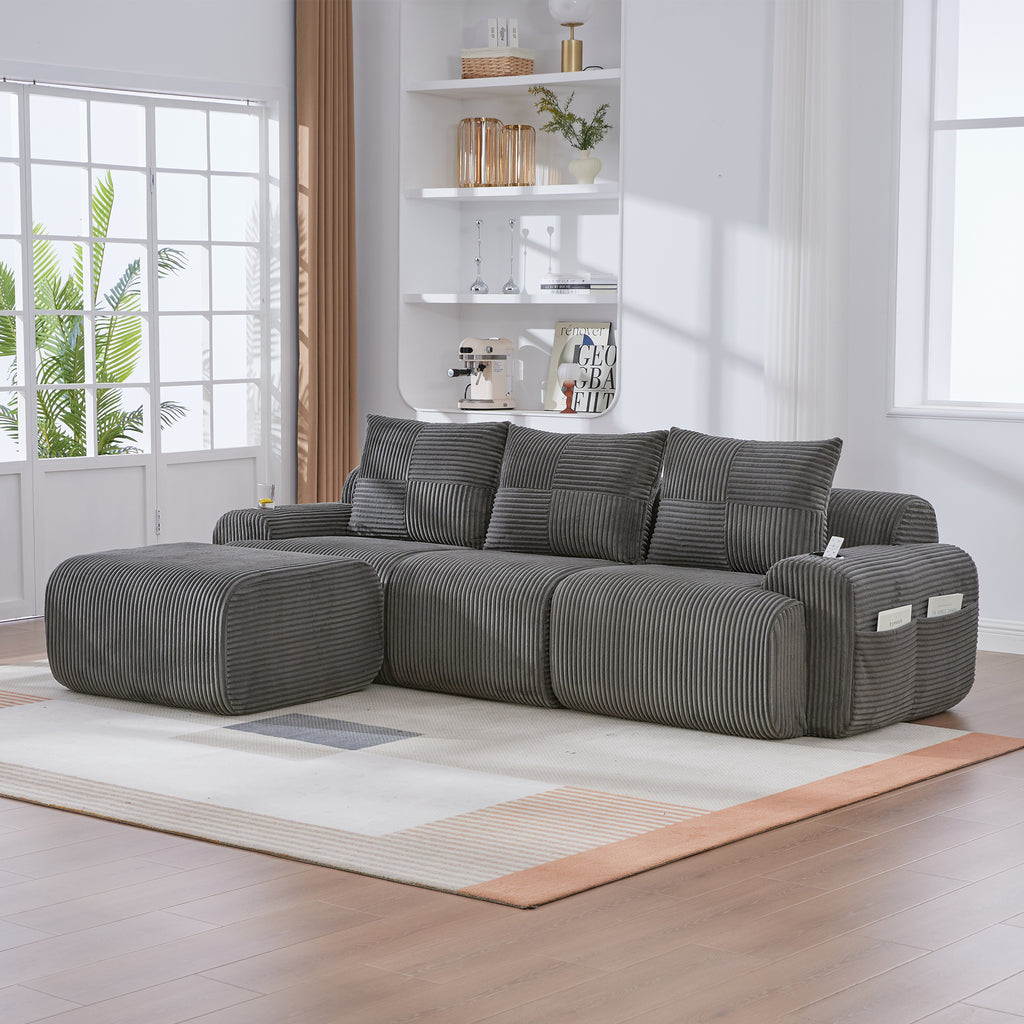 Dark Grey Corduroy 3-Seater Modular Sofa with Ottoman — detail 9
