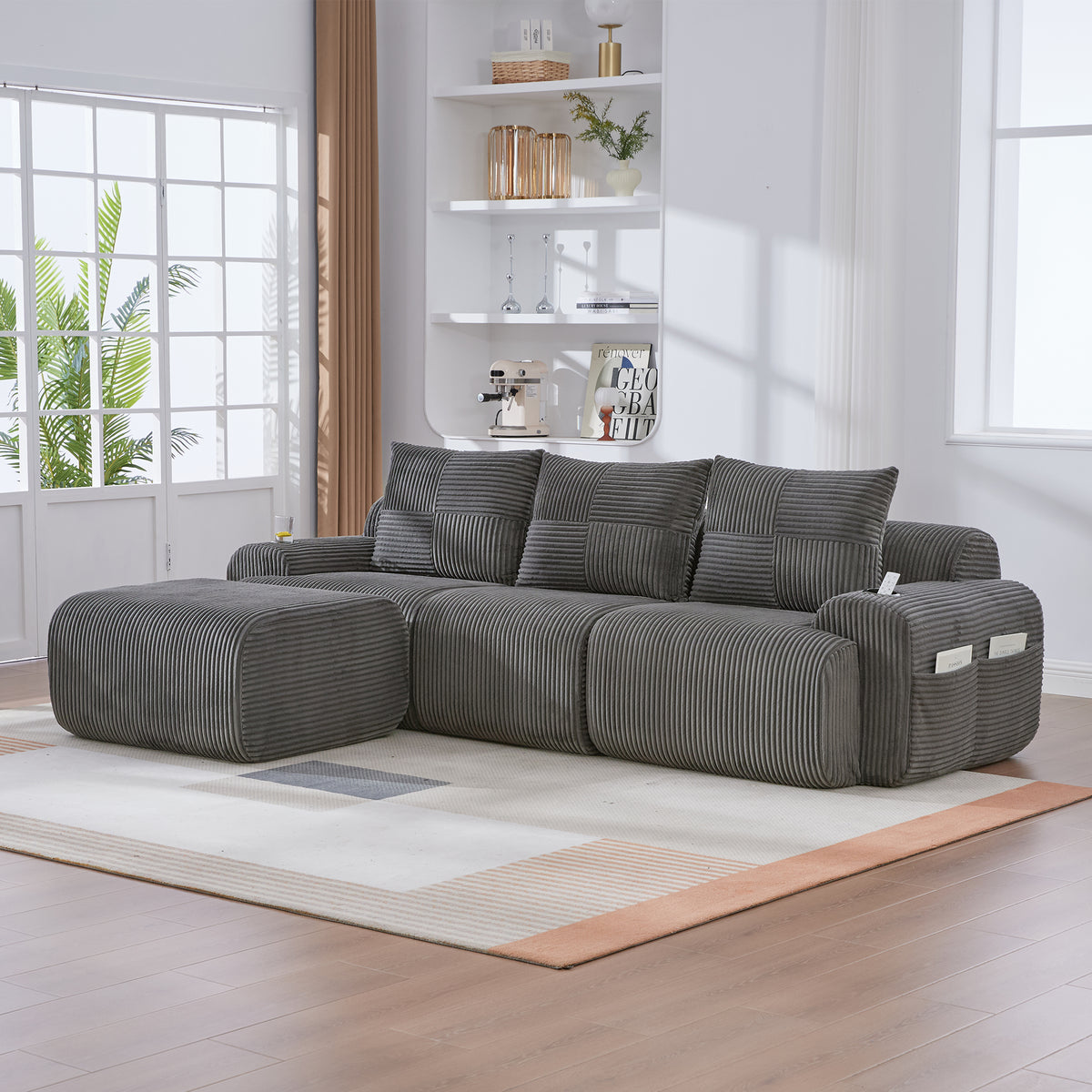 Dark Grey Corduroy 3-Seater Modular Sofa with Ottoman — detail 9
