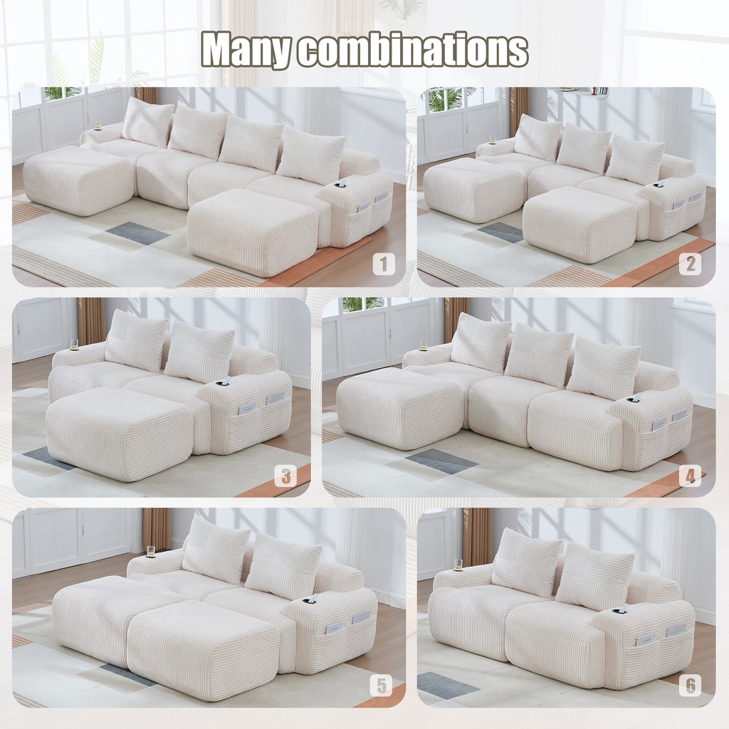 Beige Corduroy 2-Seater Modular Sofa — detail 5