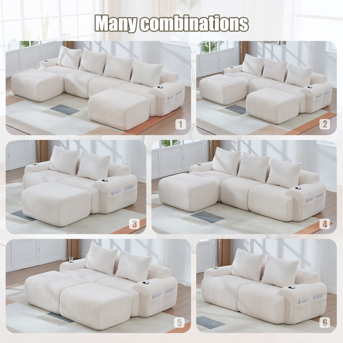 Beige Corduroy 2-Seater Modular Sofa — detail 5
