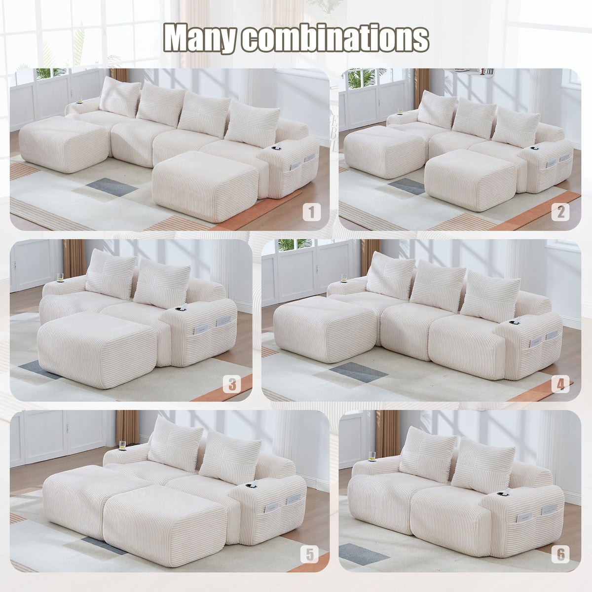 Beige Corduroy 4-Seater Modular Sofa with Two Ottomans — detail 5