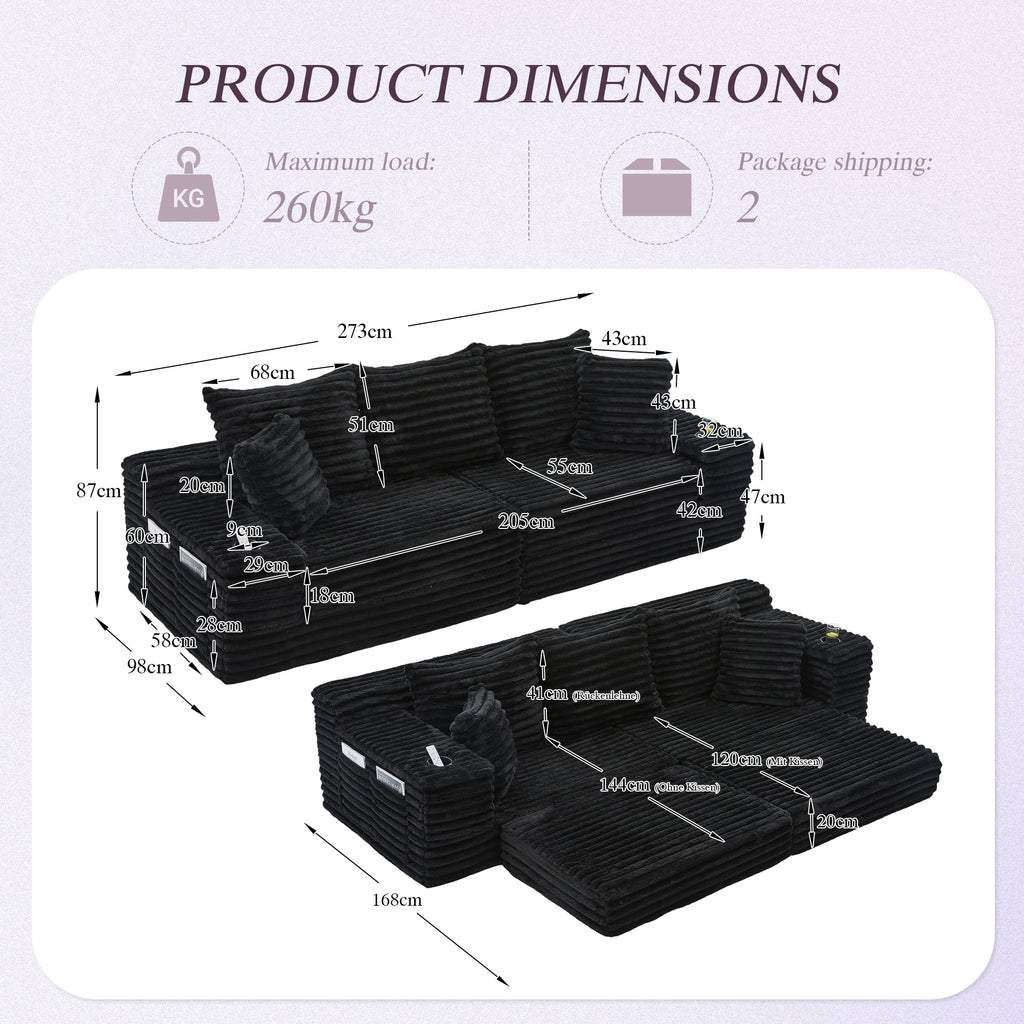 Black Corduroy Sofa Bed — detail 2