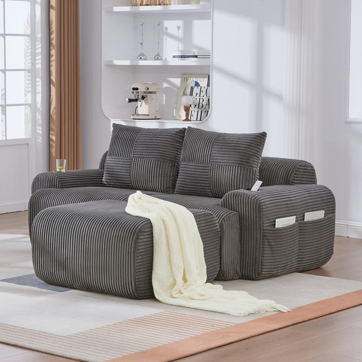 Dark Grey Corduroy 2-Seater Modular Sofa with Ottoman — detail 13