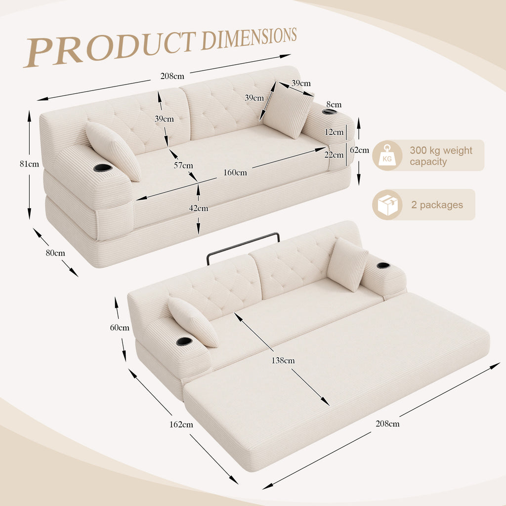 Beige Corduroy 3-Seater Sofa Bed — detail 2