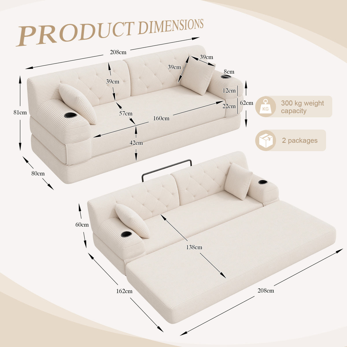 Beige Corduroy 3-Seater Sofa Bed — detail 2