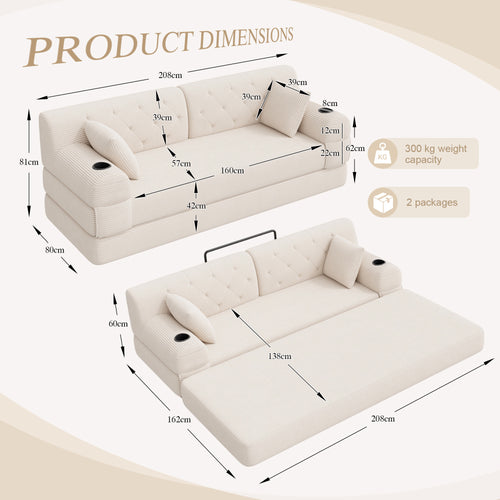 Beige Corduroy 3-Seater Sofa Bed — detail 2