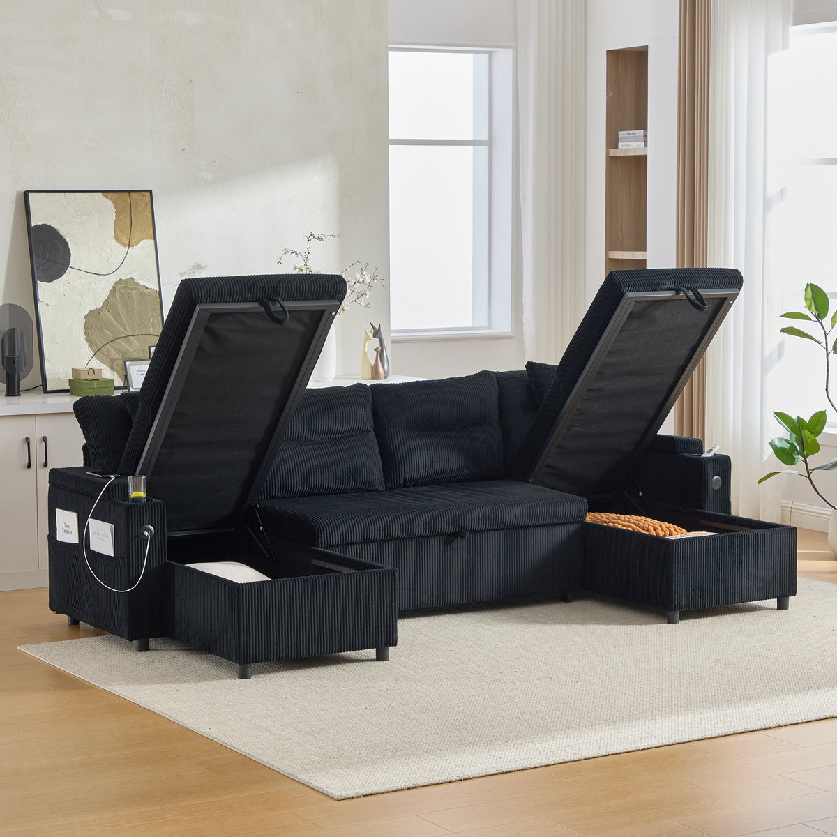 Black Oversized Chenille Chaise Lounge with Pillows — detail 12