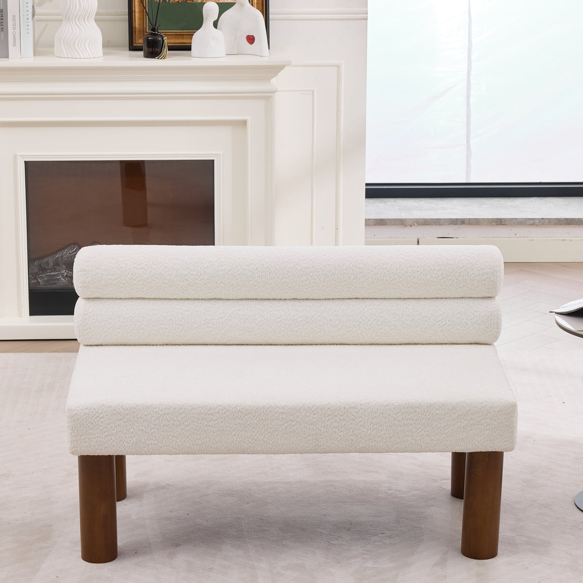 White Bouclé Upholstered Bench with Backrest — detail 14