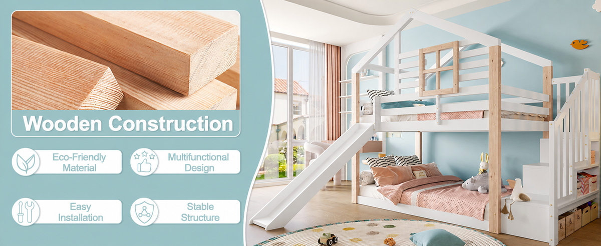 White Wooden Bunk Bed with Slide and Storage Stairs — detail 14